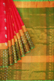 Handwoven Uppada pure silk saree in red with floral motifs in gold & silver.
