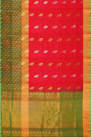 Handwoven Uppada pure silk saree in red with floral motifs in gold & silver.