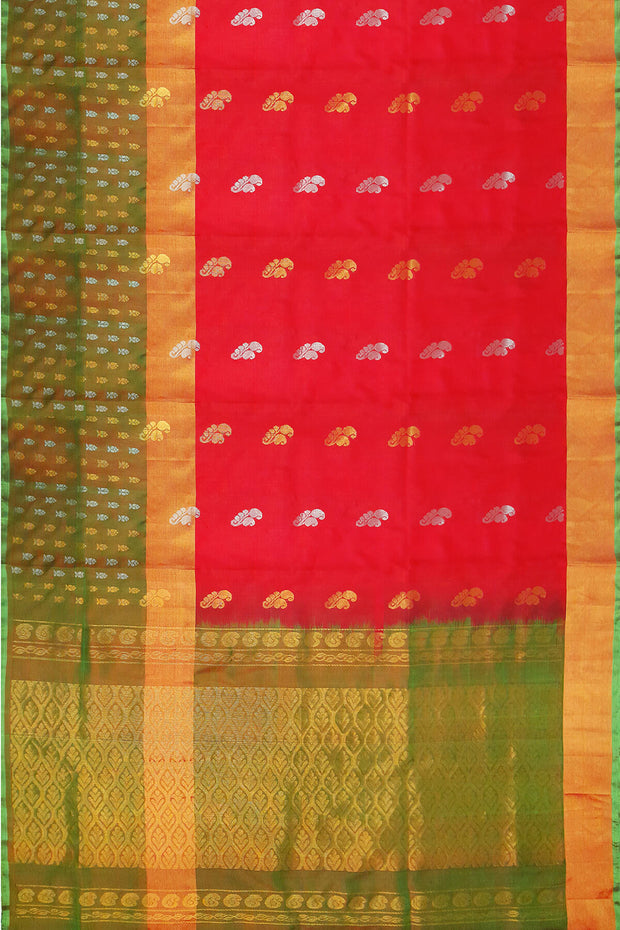 Handwoven Uppada pure silk saree in red with floral motifs in gold & silver.