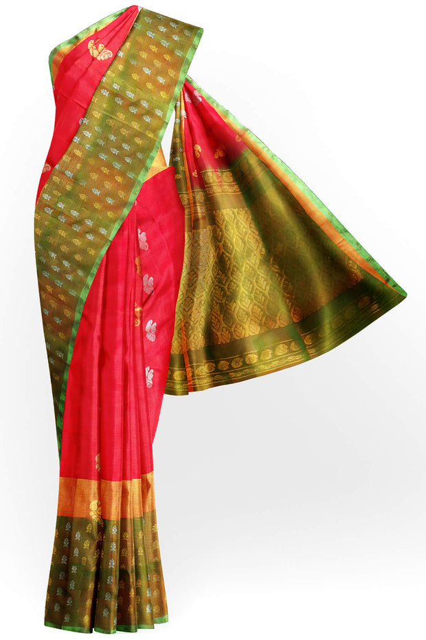Handwoven Uppada pure silk saree in red with floral motifs in gold & silver.