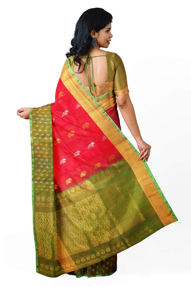 Handwoven Uppada pure silk saree in red with floral motifs in gold & silver.