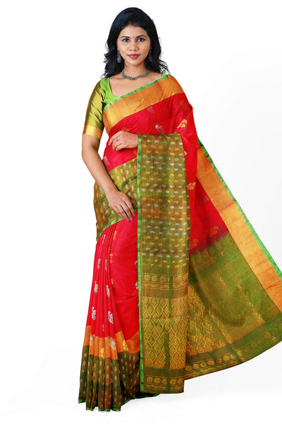 Handwoven Uppada pure silk saree in red with floral motifs in gold & silver.