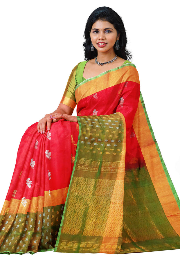 Handwoven Uppada pure silk saree in red with floral motifs in gold & silver.