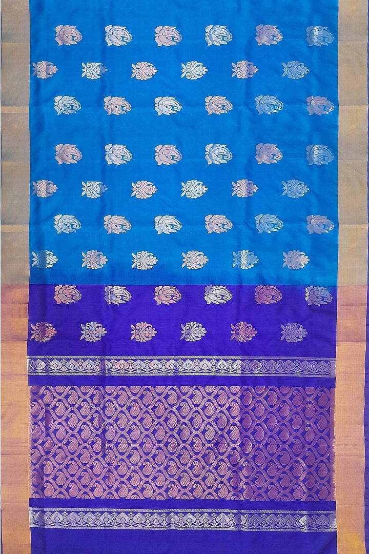 Handwoven Uppada pure silk saree in torquoise blue with floral motifs in gold & silver.
