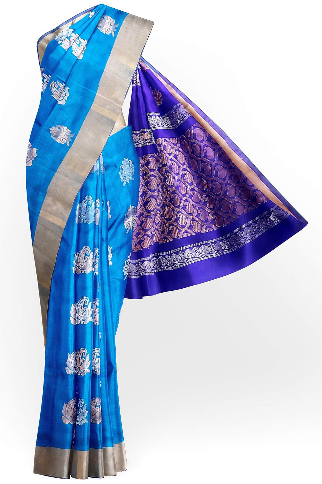 Handwoven Uppada pure silk saree in torquoise blue with floral motifs in gold & silver.