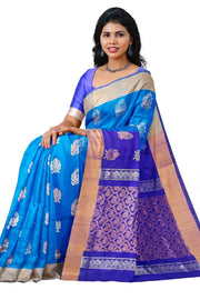 Handwoven Uppada pure silk saree in torquoise blue with floral motifs in gold & silver.