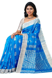 Handwoven Uppada pure silk saree in copper sulphate blue with floral motifs in silver.