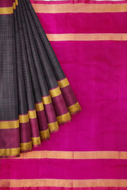 Handloom Uppada pure silk saree in  checks in black and a contrast pallu in pink
