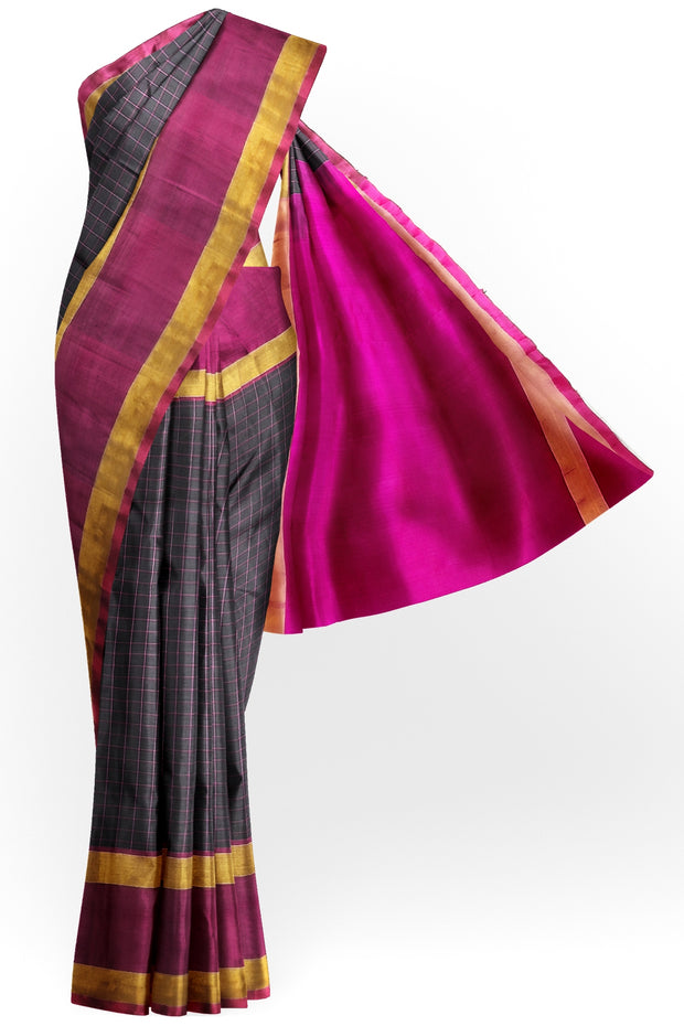 Handloom Uppada pure silk saree in  checks in black and a contrast pallu in pink