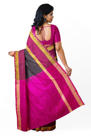 Handloom Uppada pure silk saree in  checks in black and a contrast pallu in pink