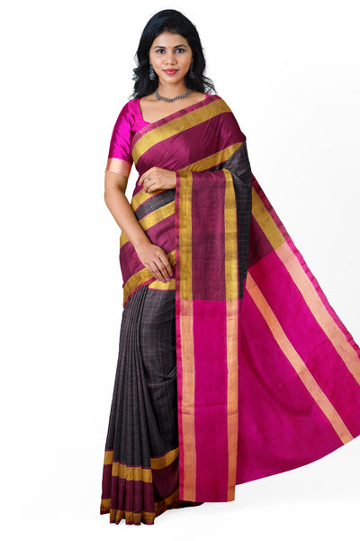 Handloom Uppada pure silk saree in  checks in black and a contrast pallu in pink