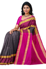 Handloom Uppada pure silk saree in  checks in black and a contrast pallu in pink