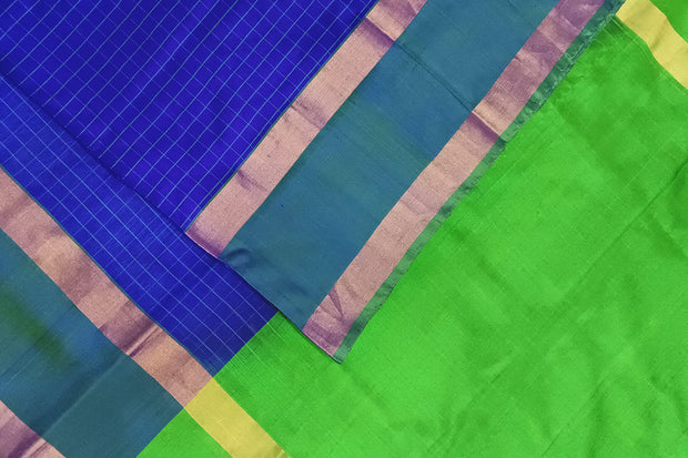 Handloom Uppada pure silk saree in  checks in royal blue and a contrast pallu in green