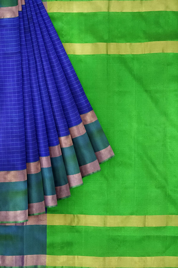 Handloom Uppada pure silk saree in  checks in royal blue and a contrast pallu in green