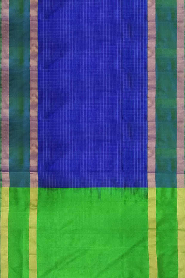 Handloom Uppada pure silk saree in  checks in royal blue and a contrast pallu in green