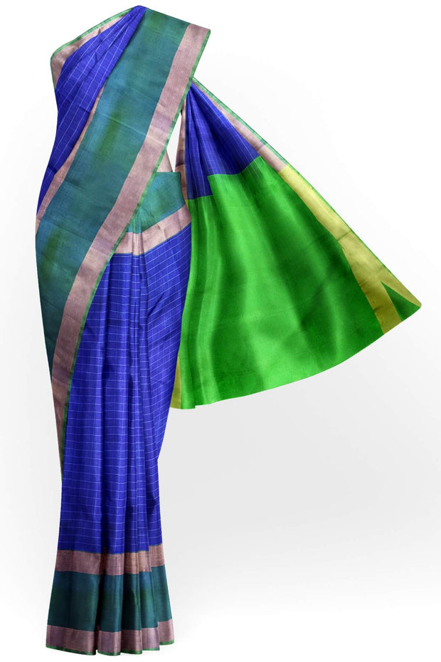 Handloom Uppada pure silk saree in  checks in royal blue and a contrast pallu in green