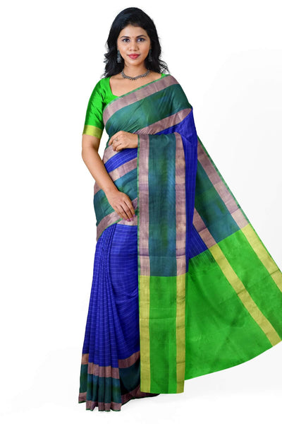 Handloom Uppada pure silk saree in  checks in royal blue and a contrast pallu in green