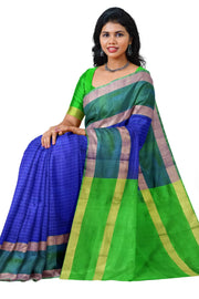 Handloom Uppada pure silk saree in  checks in royal blue and a contrast pallu in green
