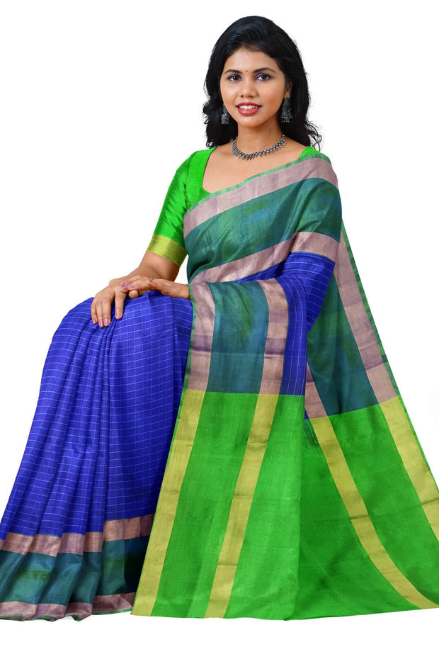Handloom Uppada pure silk saree in  checks in royal blue and a contrast pallu in green