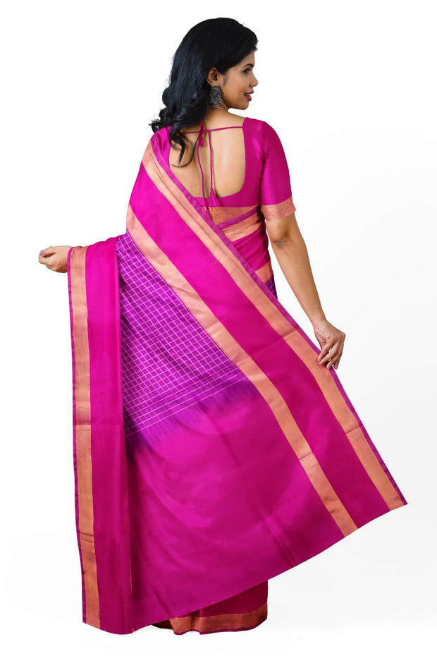 Handloom Uppada pure silk saree in  checks in purple and a contrast pallu in pink