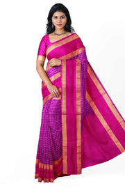 Handloom Uppada pure silk saree in  checks in purple and a contrast pallu in pink