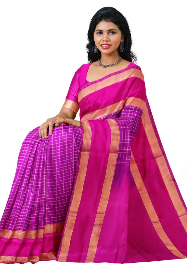 Handloom Uppada pure silk saree in  checks in purple and a contrast pallu in pink