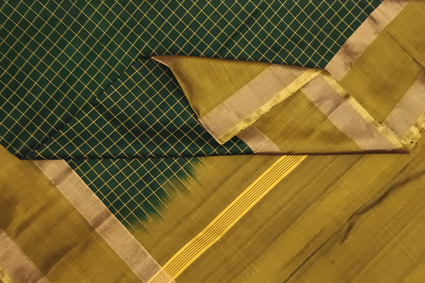 Handloom Uppada pure silk saree in  checks in bottle green and a contrast pallu in mustard