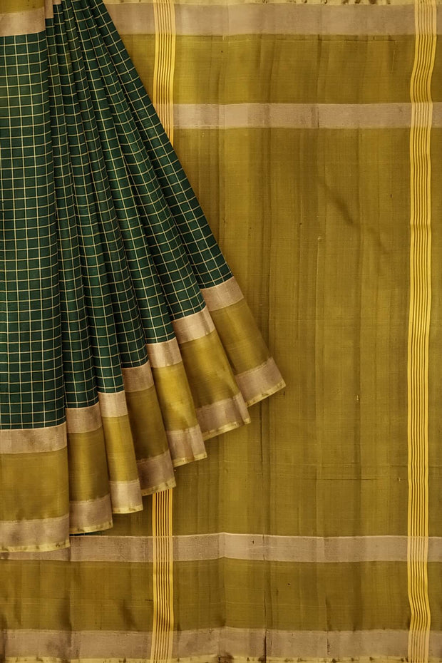 Handloom Uppada pure silk saree in  checks in bottle green and a contrast pallu in mustard