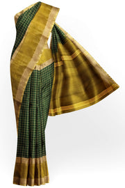 Handloom Uppada pure silk saree in  checks in bottle green and a contrast pallu in mustard
