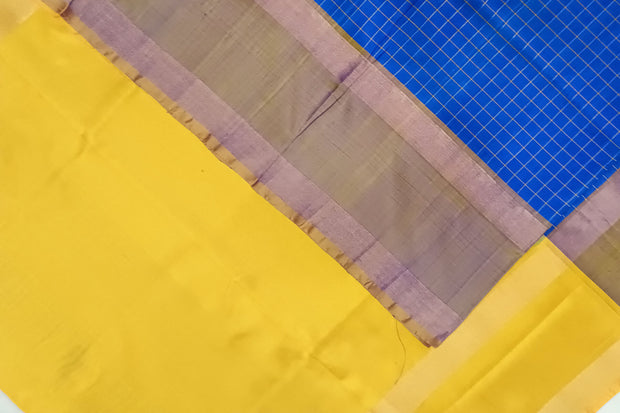 Handloom Uppada pure silk saree in  checks in blue and a contrast pallu in yellow