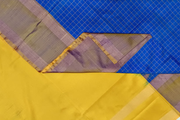 Handloom Uppada pure silk saree in  checks in blue and a contrast pallu in yellow