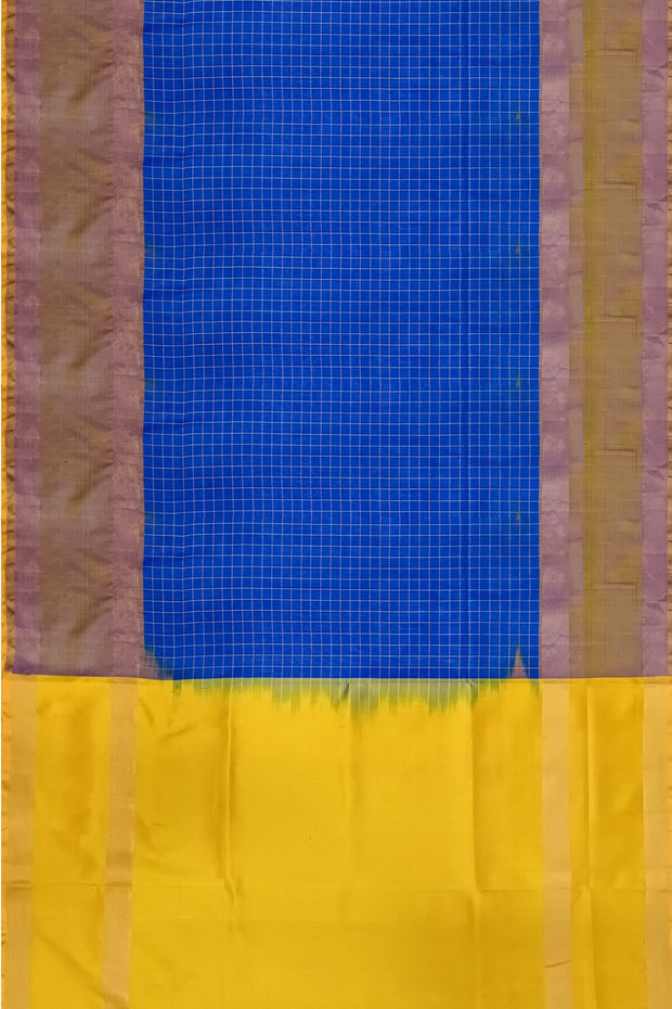 Handloom Uppada pure silk saree in  checks in blue and a contrast pallu in yellow