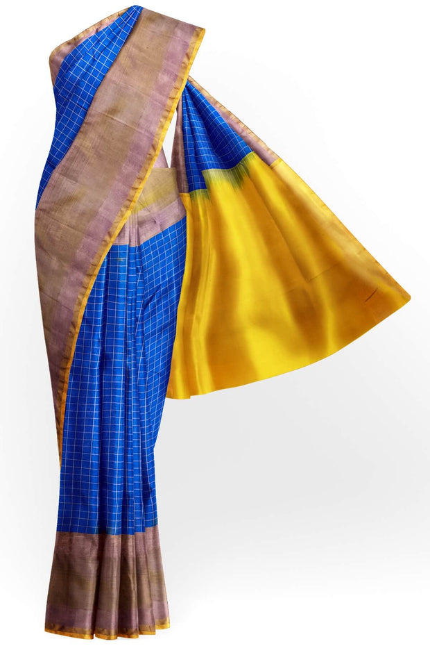 Handloom Uppada pure silk saree in  checks in blue and a contrast pallu in yellow