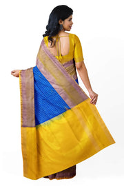 Handloom Uppada pure silk saree in  checks in blue and a contrast pallu in yellow