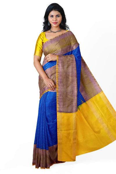 Handloom Uppada pure silk saree in  checks in blue and a contrast pallu in yellow