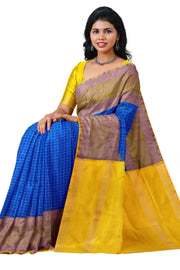 Handloom Uppada pure silk saree in  checks in blue and a contrast pallu in yellow