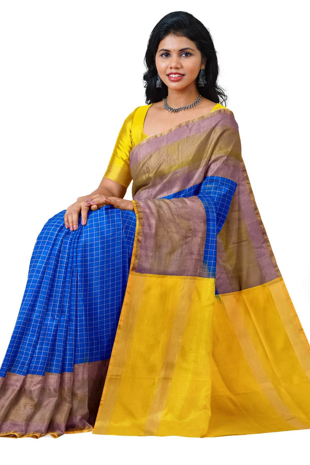 Handloom Uppada pure silk saree in  checks in blue and a contrast pallu in yellow