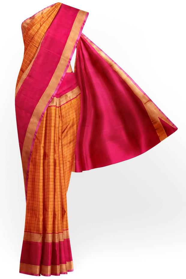 Handloom Uppada pure silk saree in  checks in mustard and a contrast pallu in pink