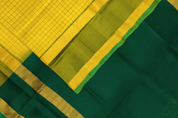 Handloom Uppada pure silk saree in  checks in yellow and a contrast pallu in green
