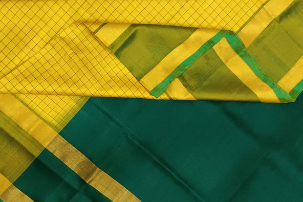 Handloom Uppada pure silk saree in  checks in yellow and a contrast pallu in green
