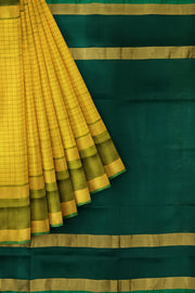 Handloom Uppada pure silk saree in  checks in yellow and a contrast pallu in green