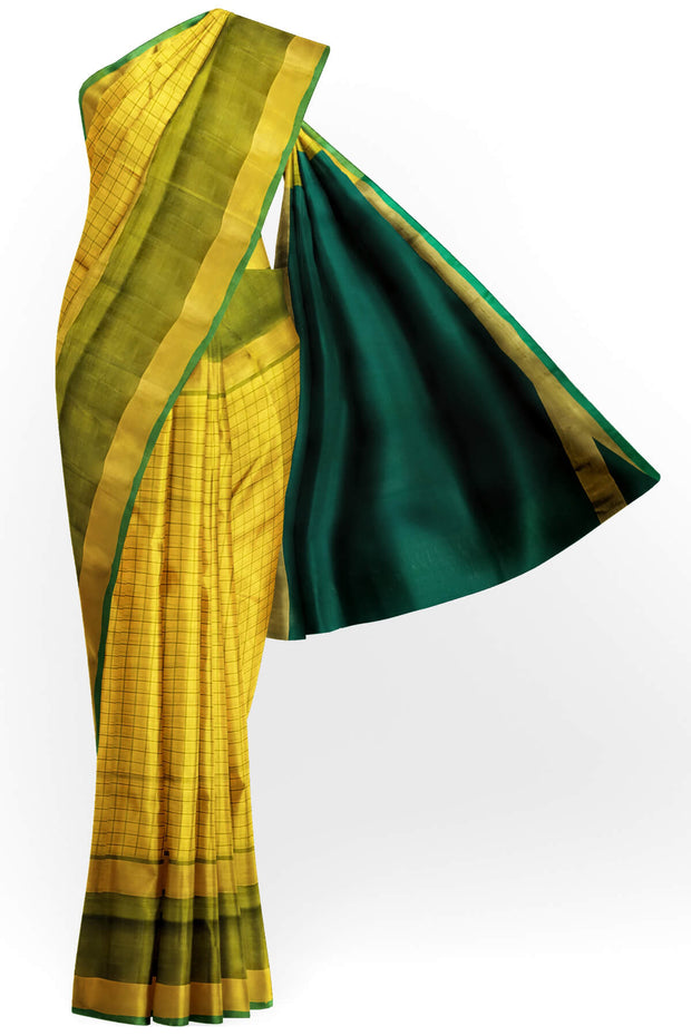 Handloom Uppada pure silk saree in  checks in yellow and a contrast pallu in green