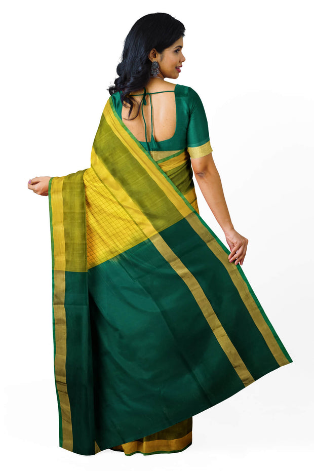 Handloom Uppada pure silk saree in  checks in yellow and a contrast pallu in green