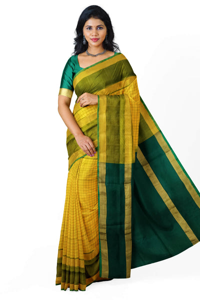 Handloom Uppada pure silk saree in  checks in yellow and a contrast pallu in green