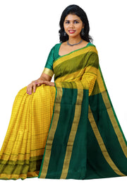 Handloom Uppada pure silk saree in  checks in yellow and a contrast pallu in green