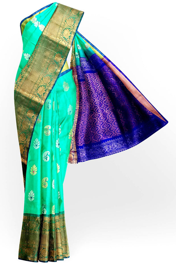 Handwoven Uppada pure silk saree In light green with gold & silver motifs.