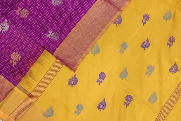 Handoven Uppada pure silk saree in purple in fine checks with gold & silver motifs.