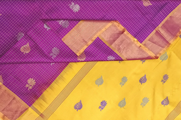 Handoven Uppada pure silk saree in purple in fine checks with gold & silver motifs.