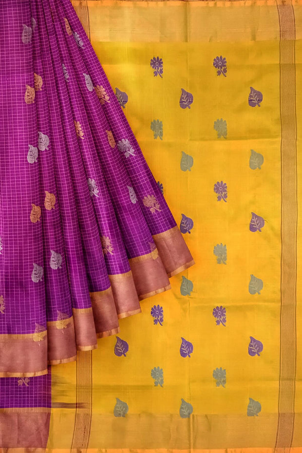 Handoven Uppada pure silk saree in purple in fine checks with gold & silver motifs.