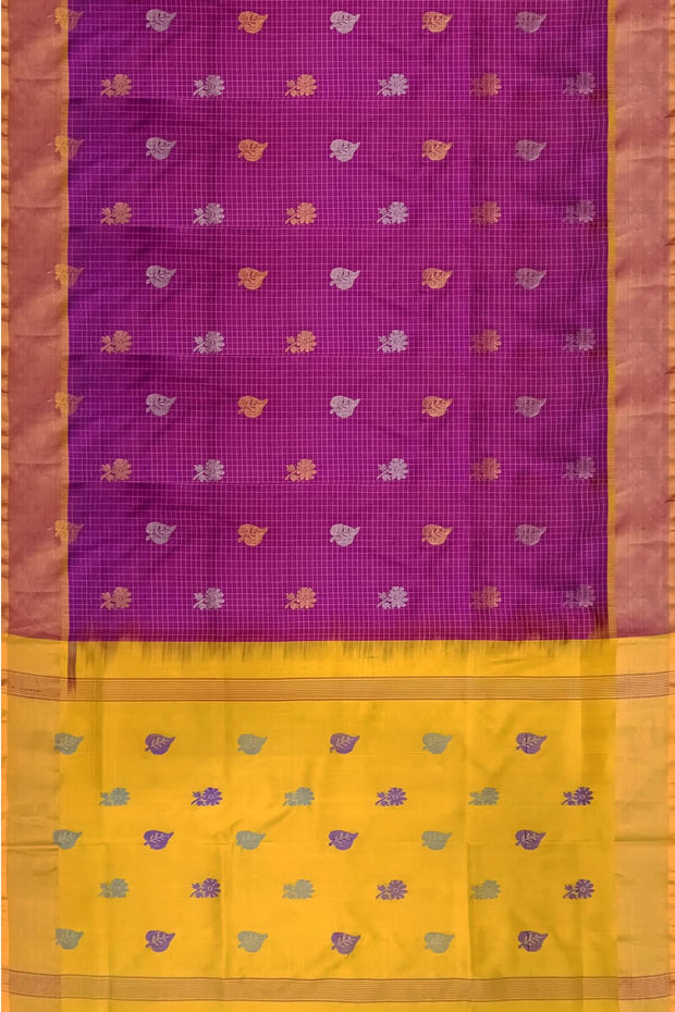 Handoven Uppada pure silk saree in purple in fine checks with gold & silver motifs.